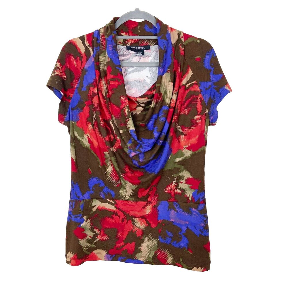 ETCETERA‎ Cowl Neck Top Women's Medium Multicolor Abstract Stretch Jersey Knit